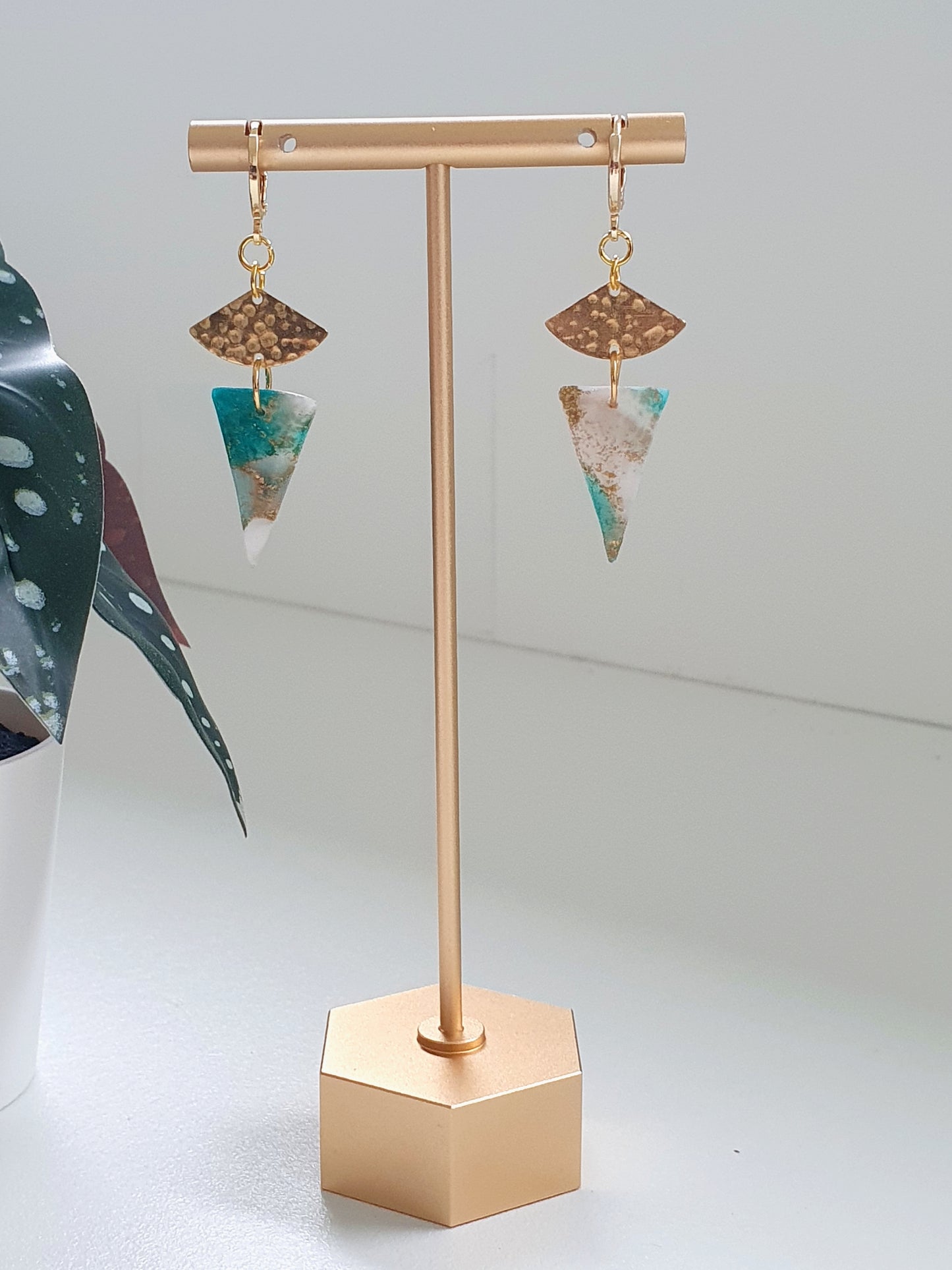 Triangle Drop Turquoise, White & Gold Leaf Earrings - Alfia