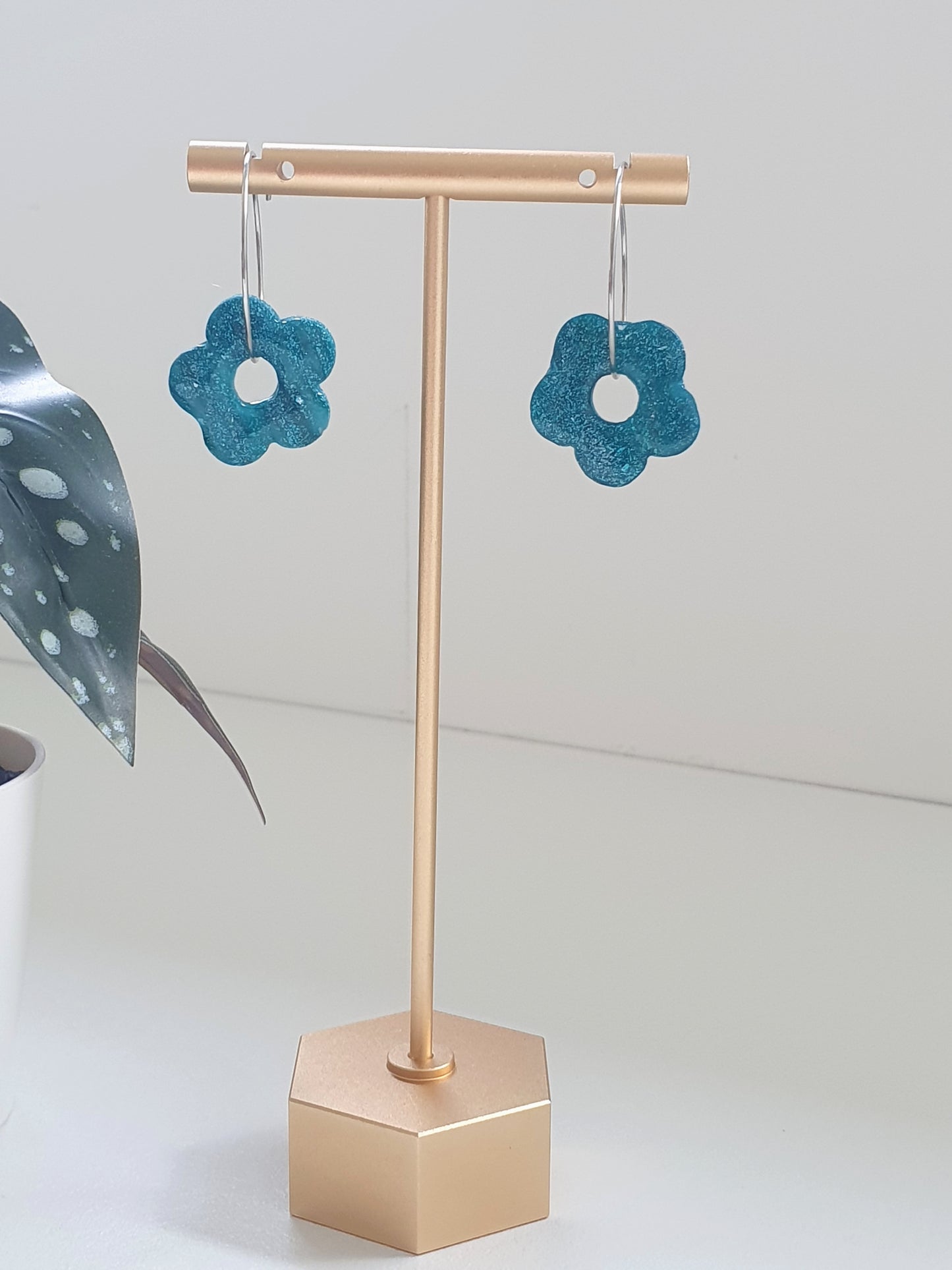 Turquoise & Silver Leaf Flower Hoop Earrings - Alfia